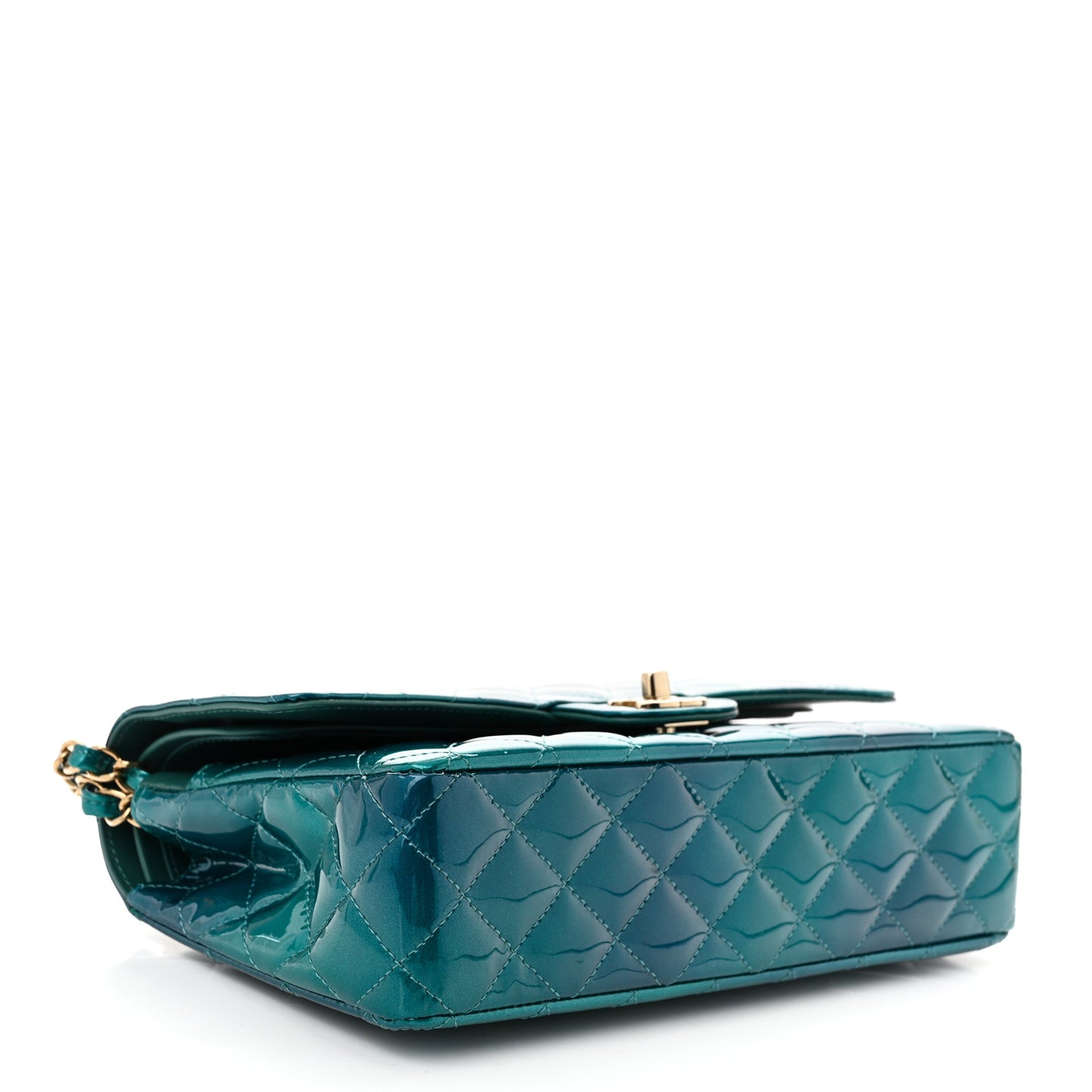 Shaded Patent Calfskin Quilted Medium Double Flap Green Blue
