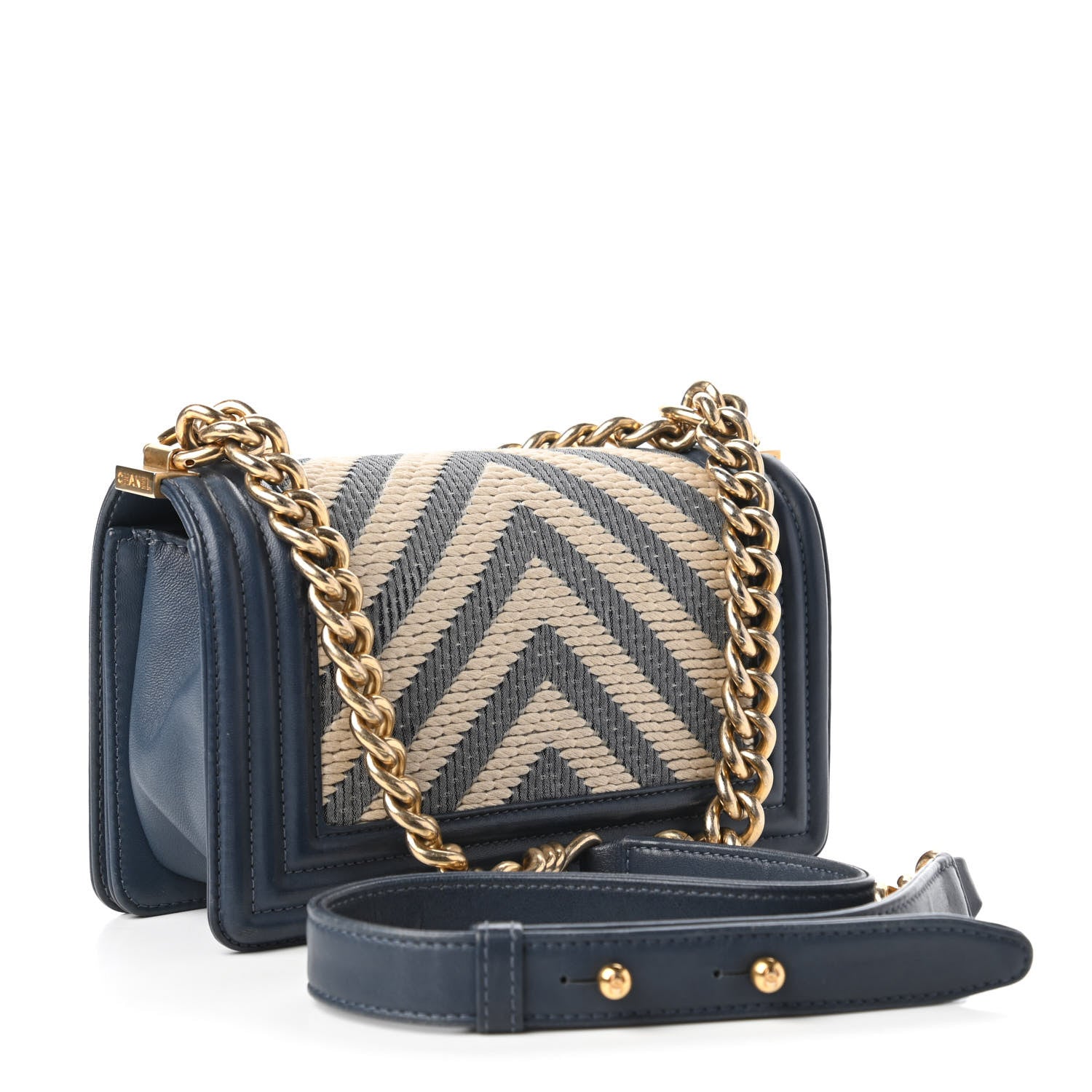 Chanel Fabric Chevron Braided Small Boy Flap Blue Ivory 3 of 10