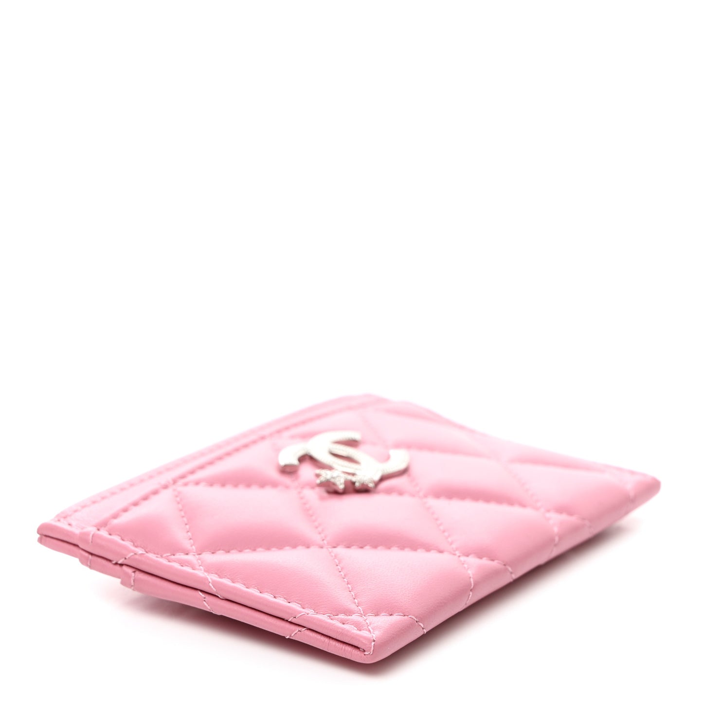 Lambskin Quilted Crystal Star Card Holder Pink