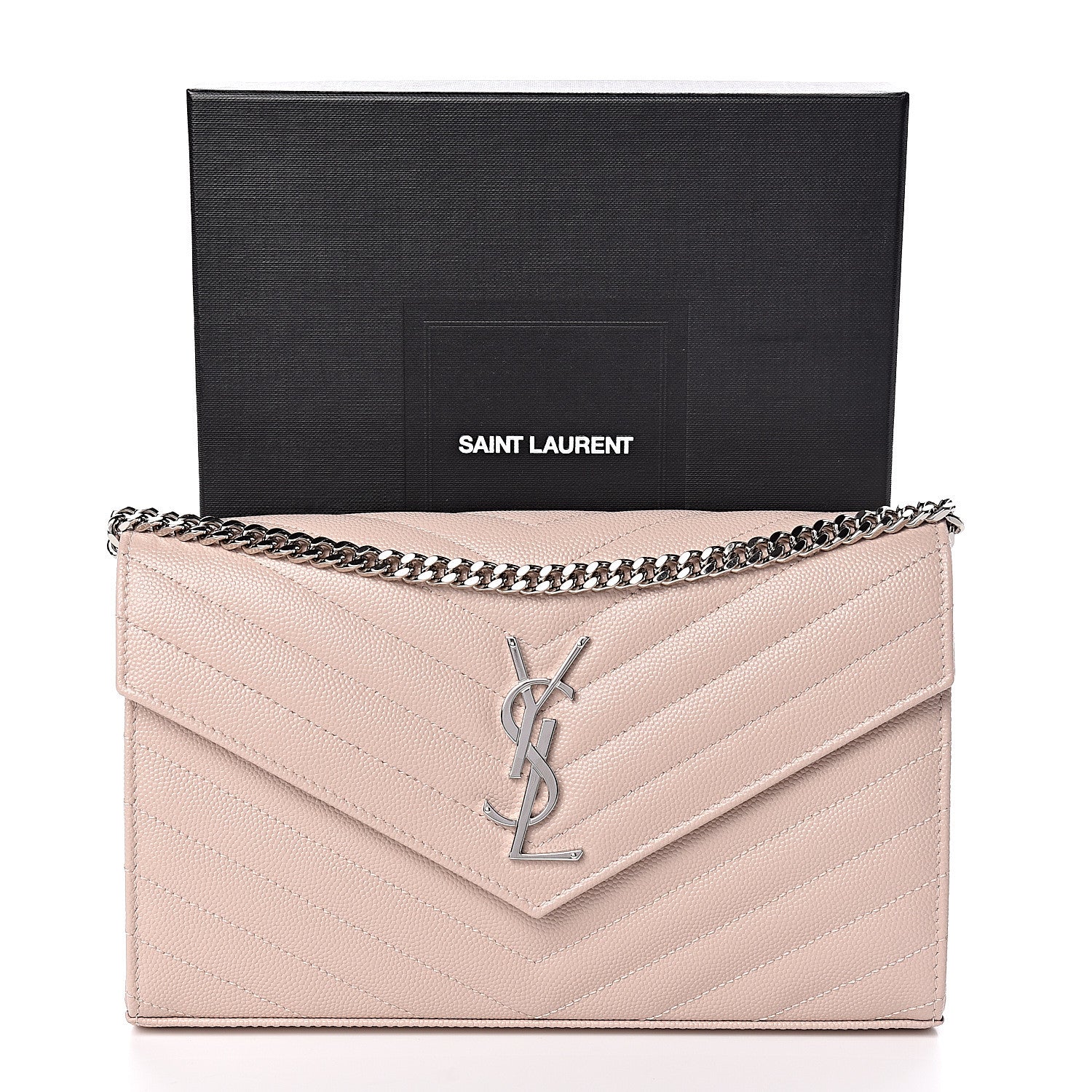 Saint Laurent Grain De Poudre Matelasse Chevron Monogram Chain Wallet Marble Pink 10 of 10
