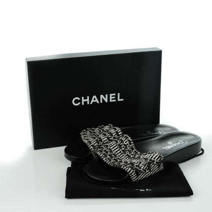 Chanel Tweed Lambskin Chain Flat Sandals 42 Black White 5 of 8