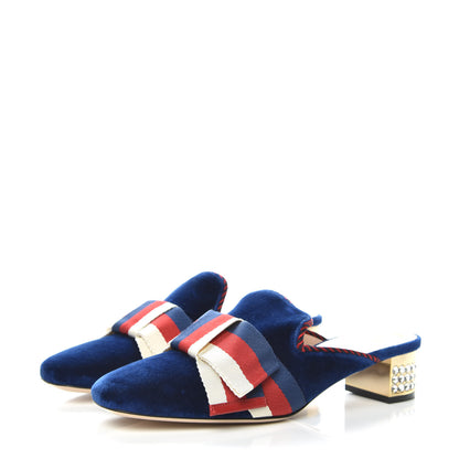 Gucci Velvet Crystal Sylvie Bow Mules 38 Cobalt Blue 3 of 9