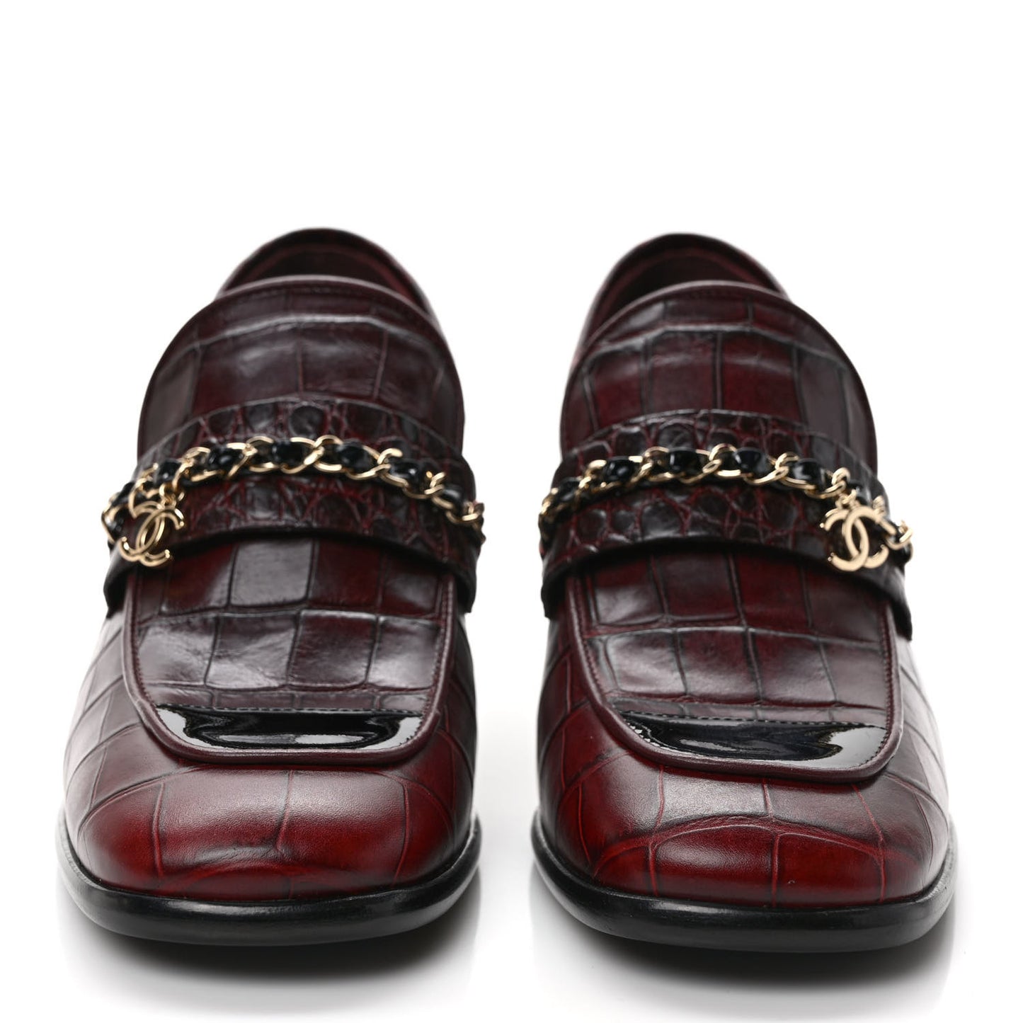 Crocodile Embossed Calfskin CC Chain Mocassin Loafers 38 Burgundy Black