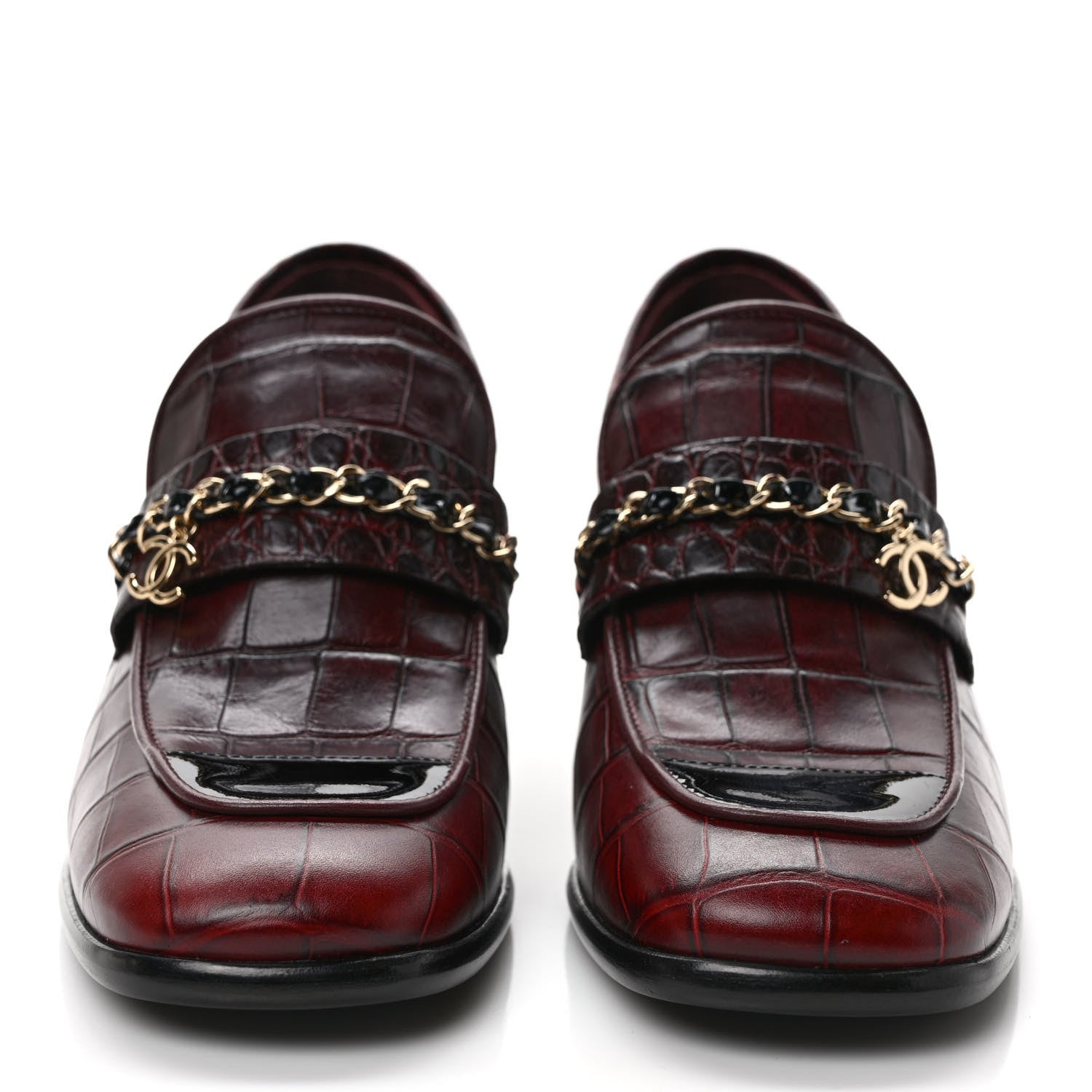 Chanel Crocodile Embossed Calfskin CC Chain Mocassin Loafers 38 Burgundy Black 2 of 9