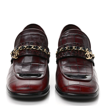 Chanel Crocodile Embossed Calfskin CC Chain Mocassin Loafers 38 Burgundy Black 2 of 9