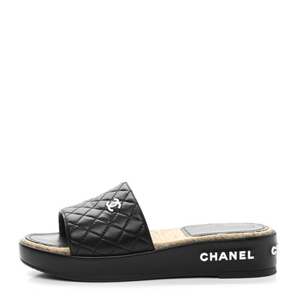 Chanel Lambskin Quilted CC Espadrille Slip On Sandals 40 Black 1 of 9
