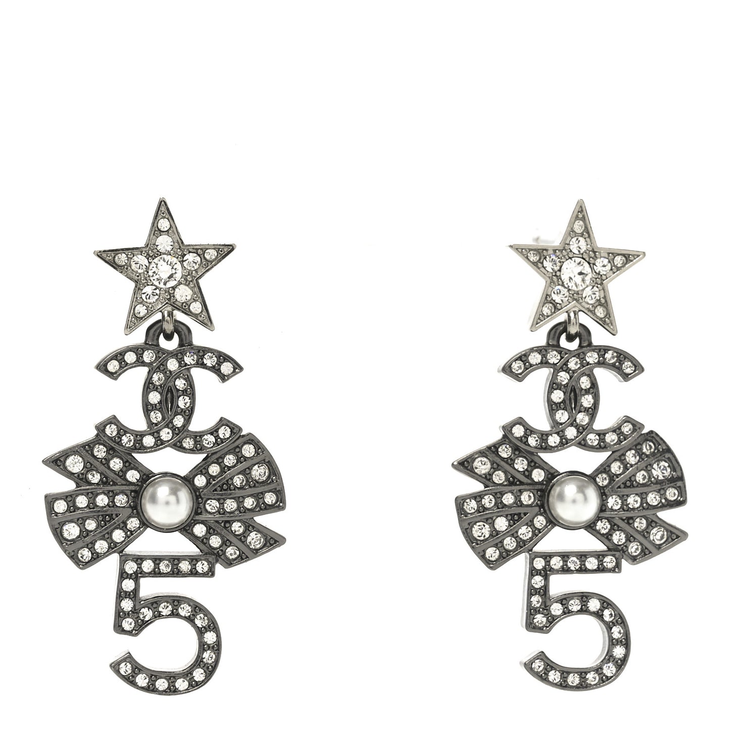 Ruthenium Crystal Pearl CC Star Bow No 5 Drop Earrings