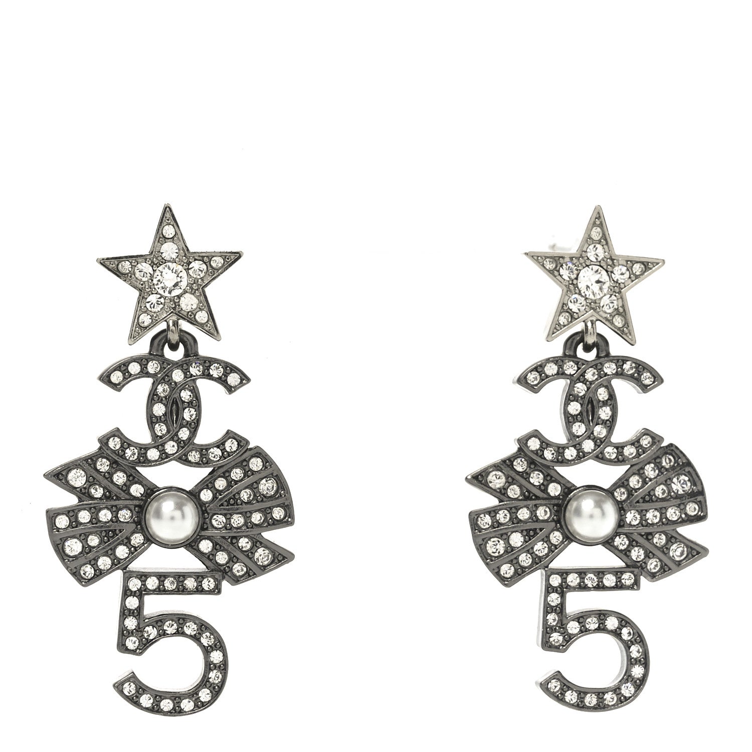Chanel Ruthenium Crystal Pearl CC Star Bow No 5 Drop Earrings 1 of 4
