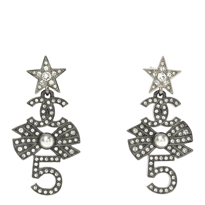 Chanel Ruthenium Crystal Pearl CC Star Bow No 5 Drop Earrings 1 of 4