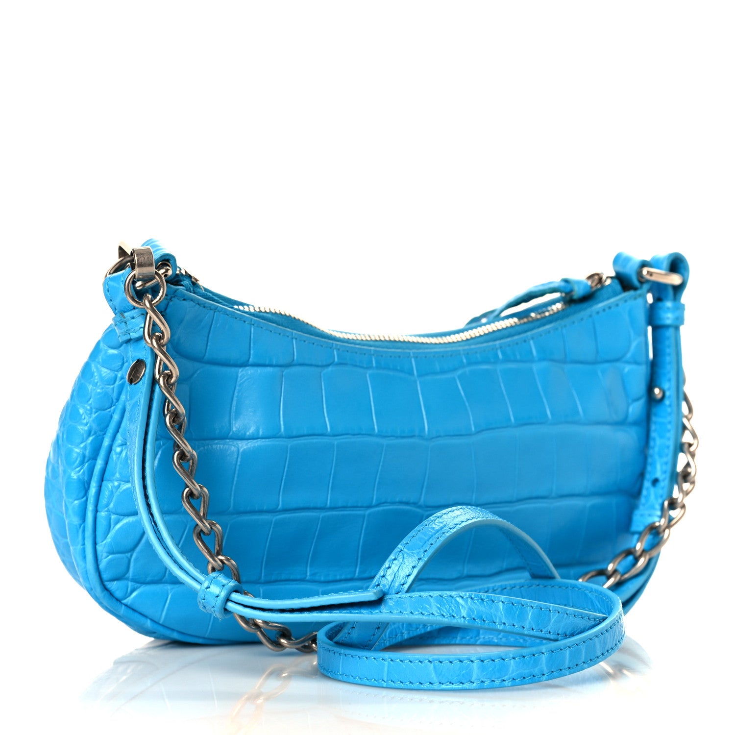 Balenciaga Extra Supple Calfskin Crocodile Embossed Crystal Mini Le Cagole Purse With Chain Cyan 3 of 9