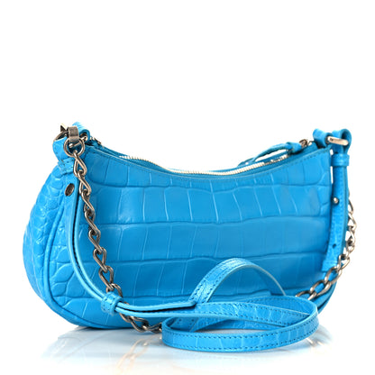 Balenciaga Extra Supple Calfskin Crocodile Embossed Crystal Mini Le Cagole Purse With Chain Cyan 3 of 9