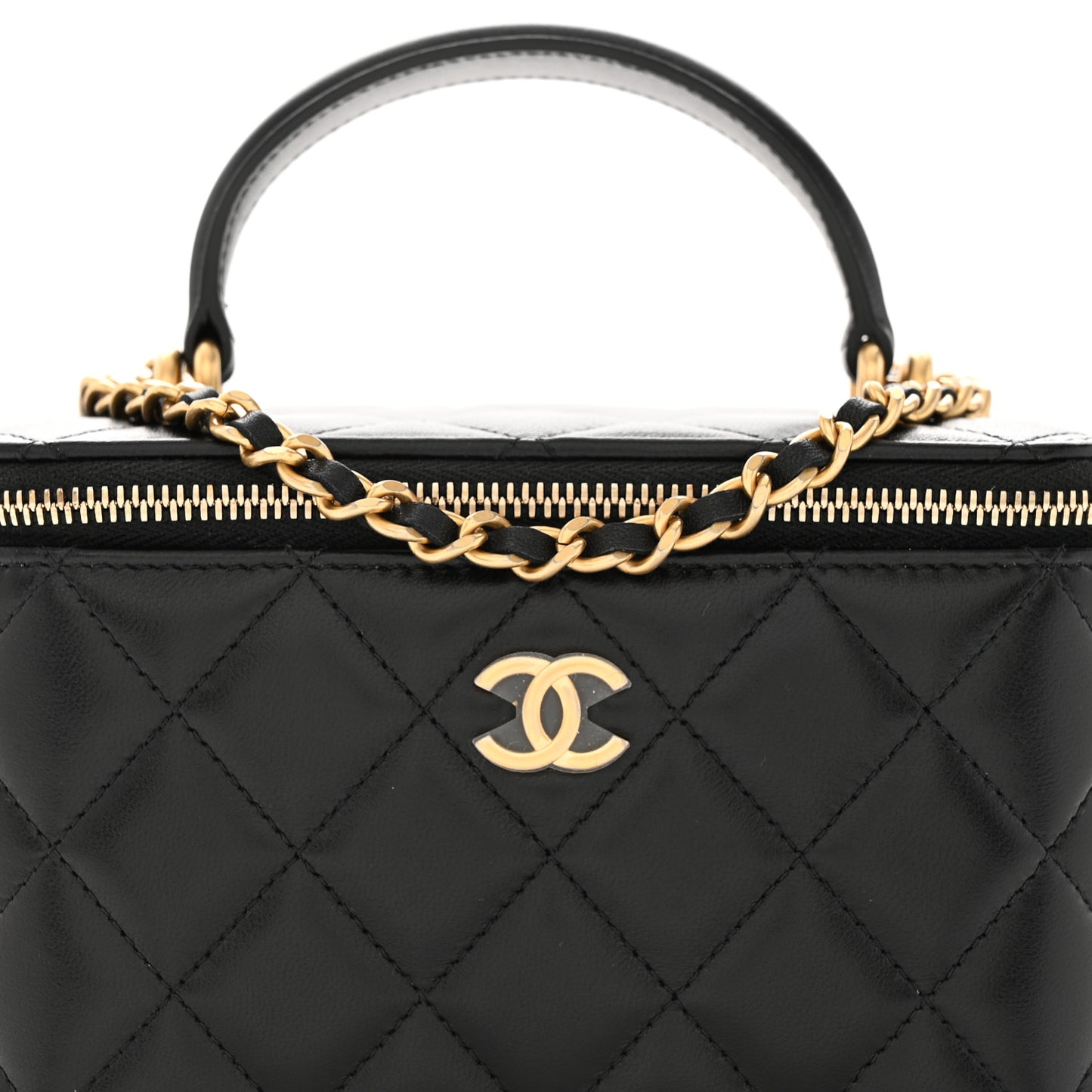Lambskin Quilted Small Top Handle Vanity Case With Chain Black