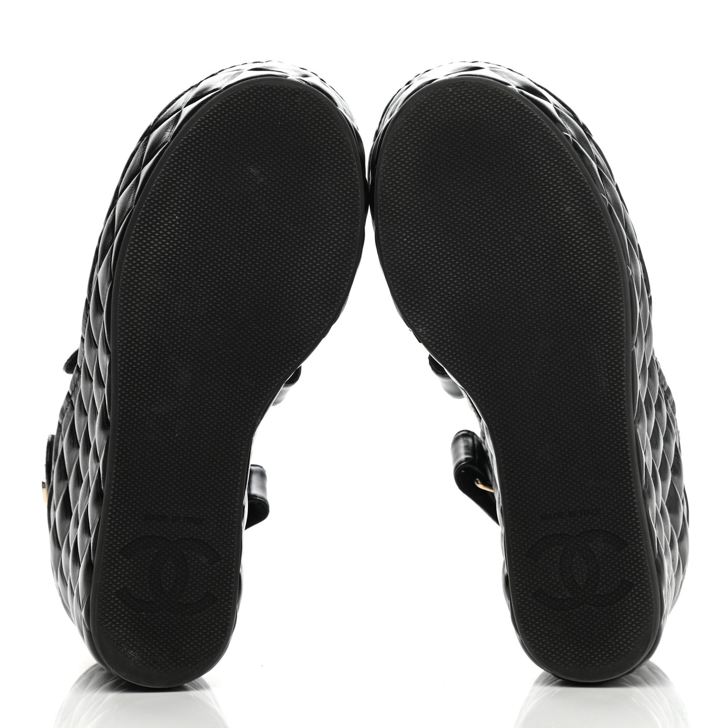 Shiny Calfskin Quilted Wedge Sandals 35 Black