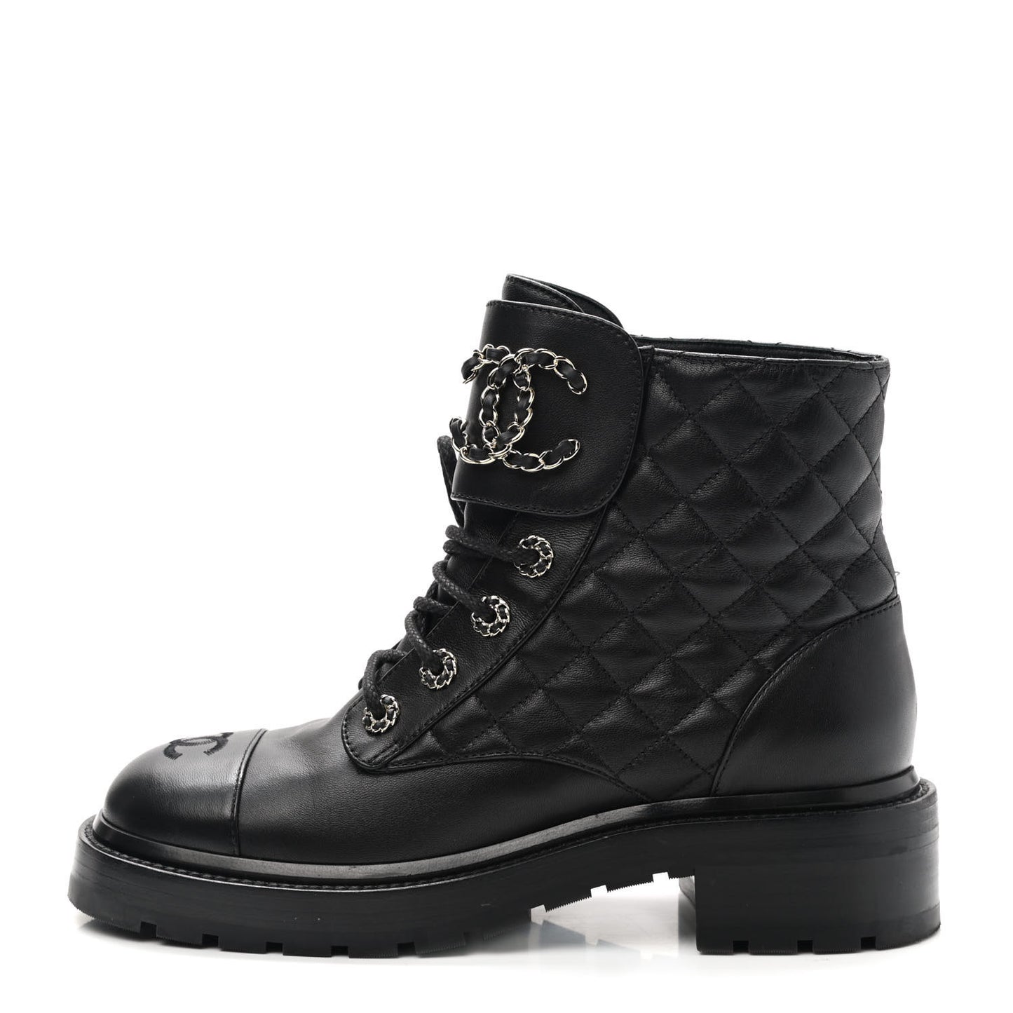 Shiny Lambskin Quilted Lace Up Combat Boots 38.5 Black