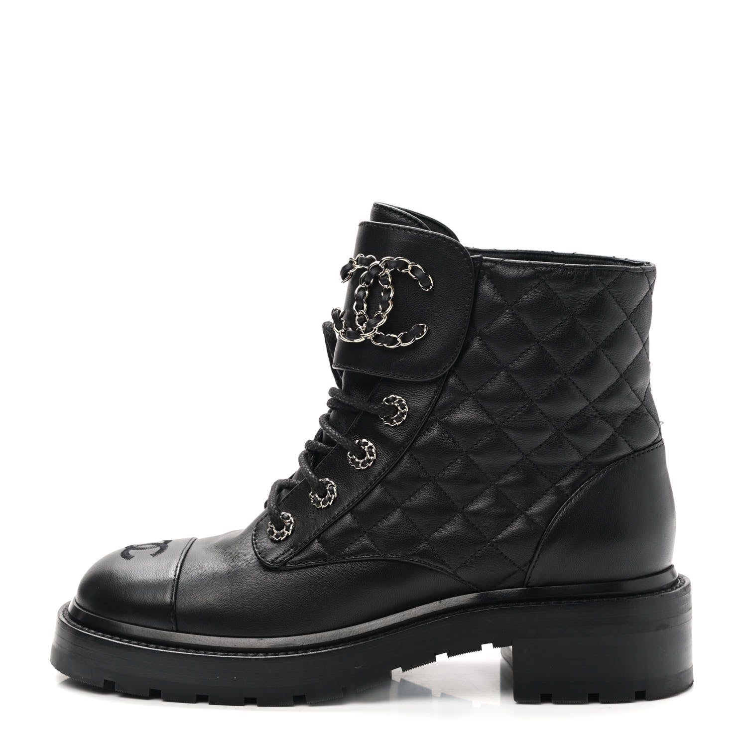 Chanel Shiny Lambskin Quilted Lace Up Combat Boots 38.5 Black 1 of 8