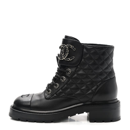 Chanel Shiny Lambskin Quilted Lace Up Combat Boots 38.5 Black 1 of 8