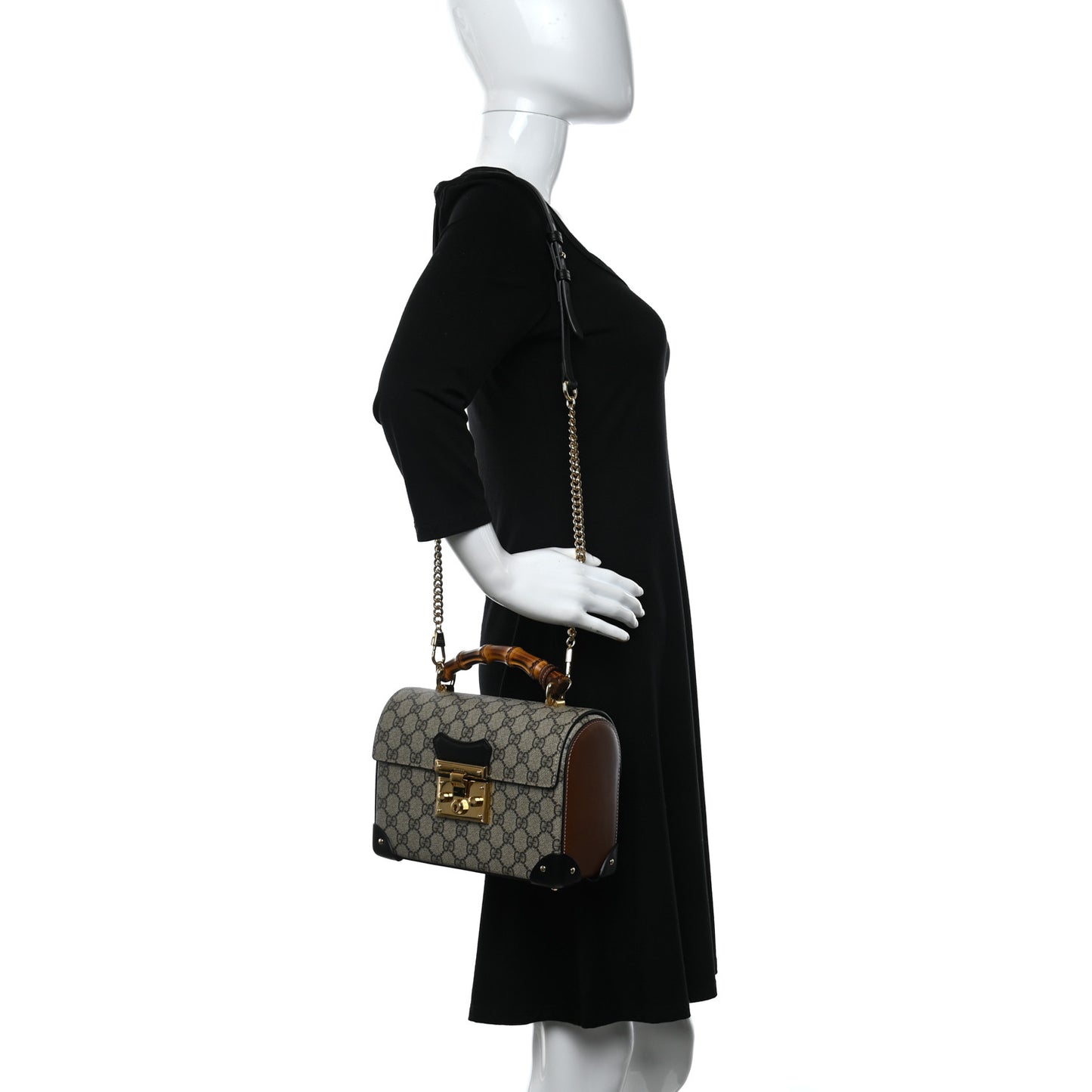 GG Supreme Monogram Small Padlock Bamboo Shoulder Bag Beige Black Cuir