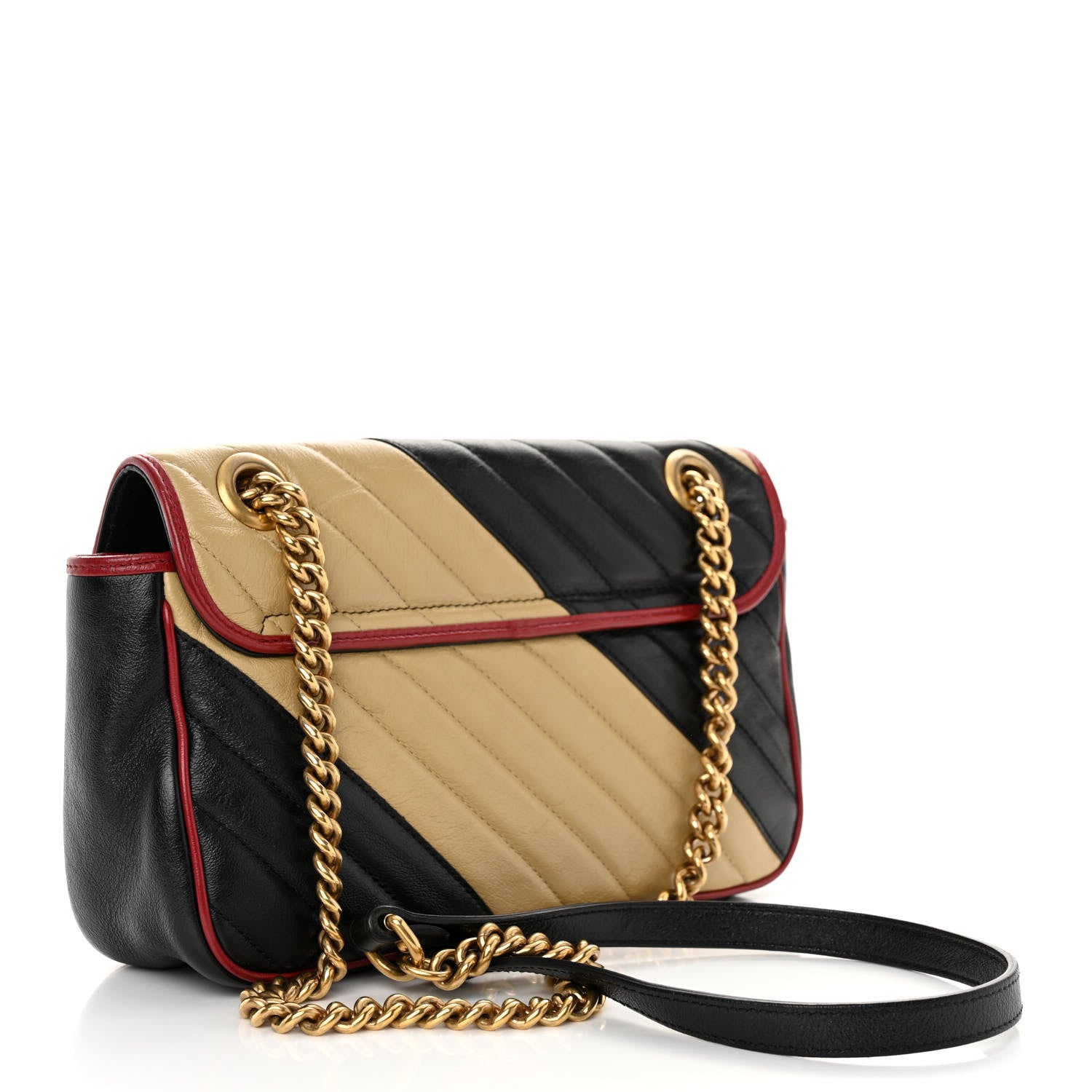 Gucci Vintage Effect Calfskin Matelasse Diagonal Striped Small Torchon GG Marmont Shoulder Bag Black Beige 3 of 10