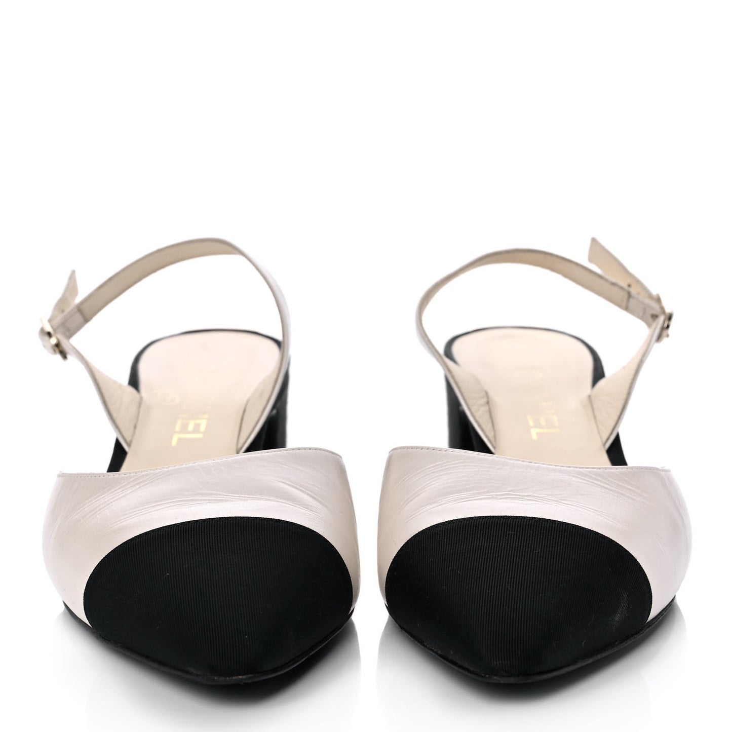 Metallic Calfskin Grosgrain Cap Toe CC Slingback Pumps 39.5 Ivory Black
