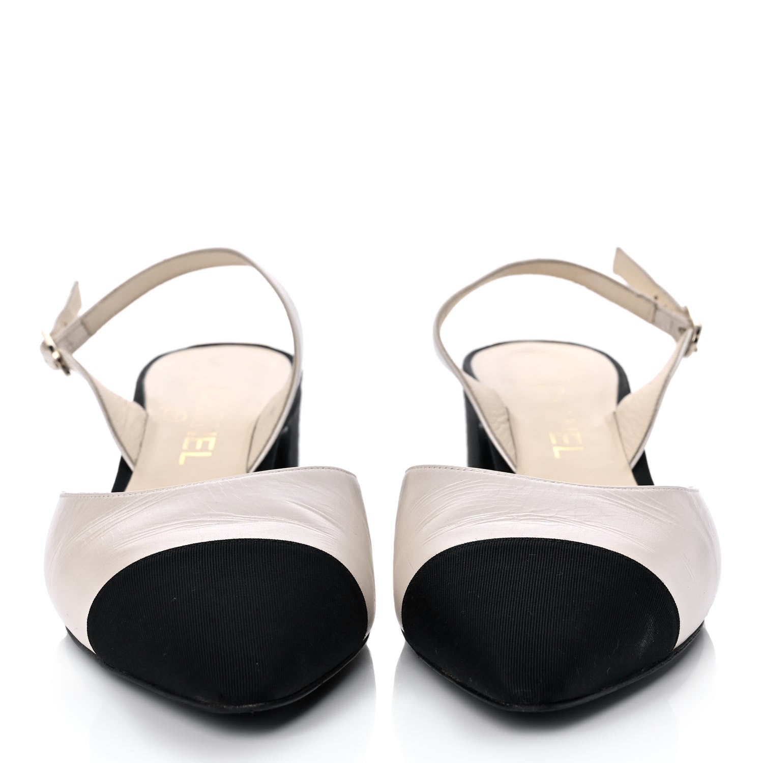 Chanel Metallic Calfskin Grosgrain Cap Toe CC Slingback Pumps 39.5 Ivory Black 2 of 9