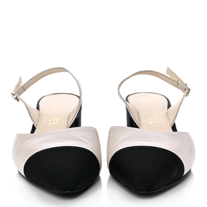 Chanel Metallic Calfskin Grosgrain Cap Toe CC Slingback Pumps 39.5 Ivory Black 2 of 9