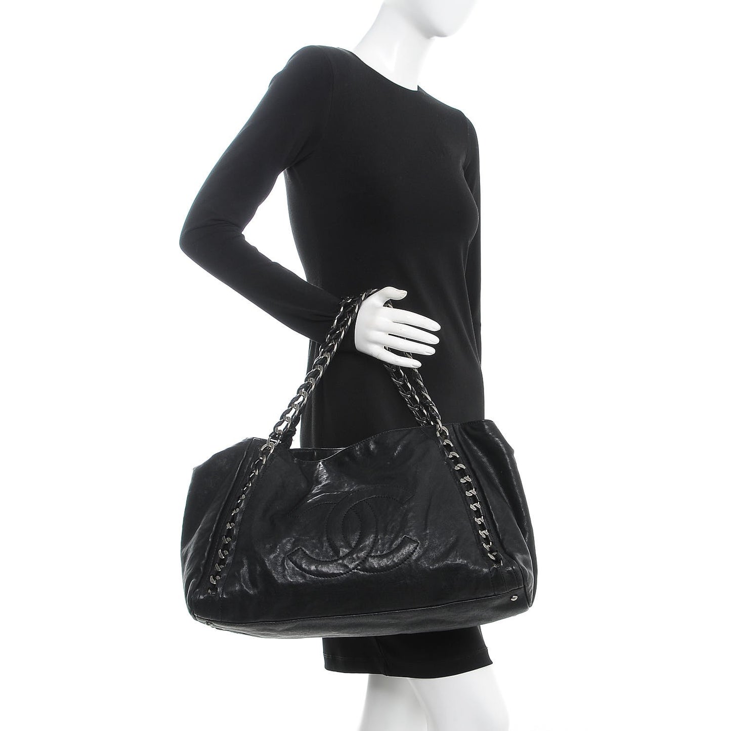Glazed Calfskin East West Modern Chain Tote Black