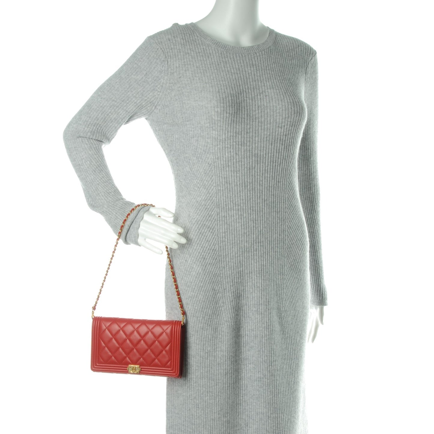 Lambskin Quilted Boy Wallet On Removable Chain WOC Red