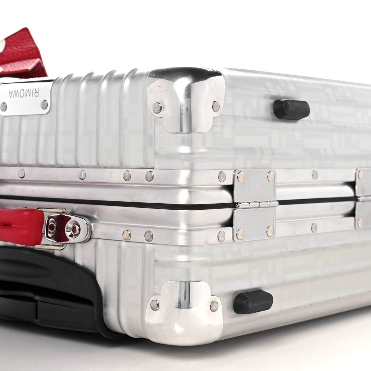 X RIMOWA Aluminum FF Print Roll Away Carry On Luggage Silver Red