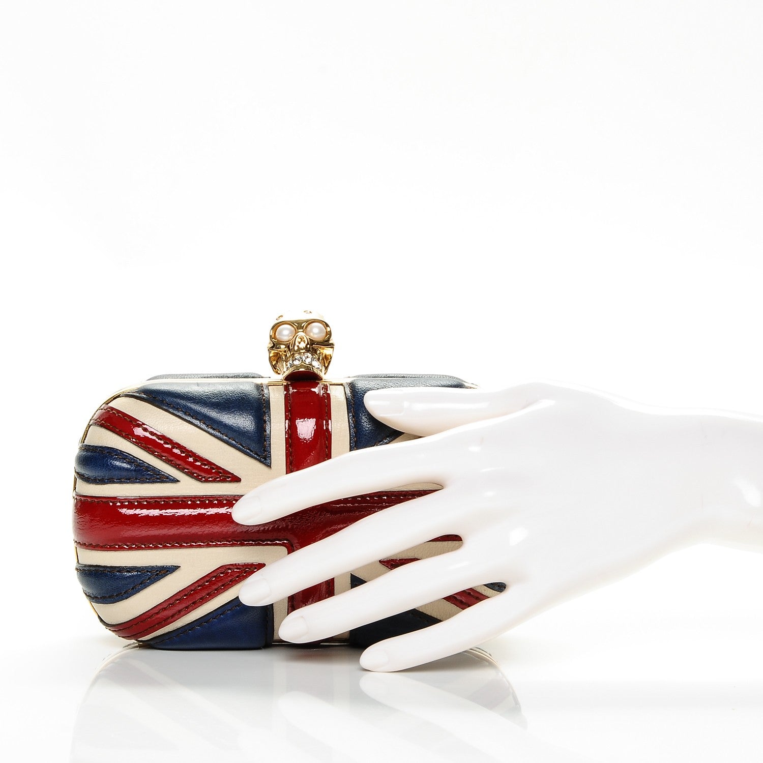 Alexander McQueen Patent Calfskin Britannia Skull Box Clutch Red Blue 2 of 7