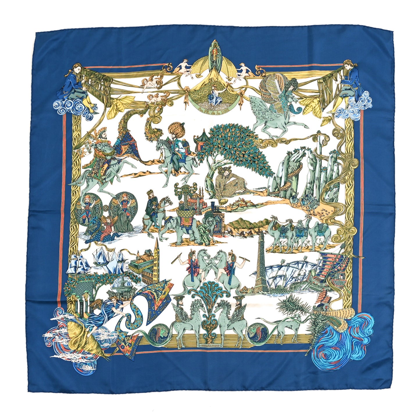 Silk Au Fil De La Soie Scarf 90 Blue White Multicolor