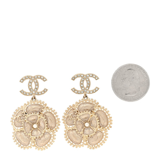 Crystal Pearl Camellia CC Drop Earrings Gold