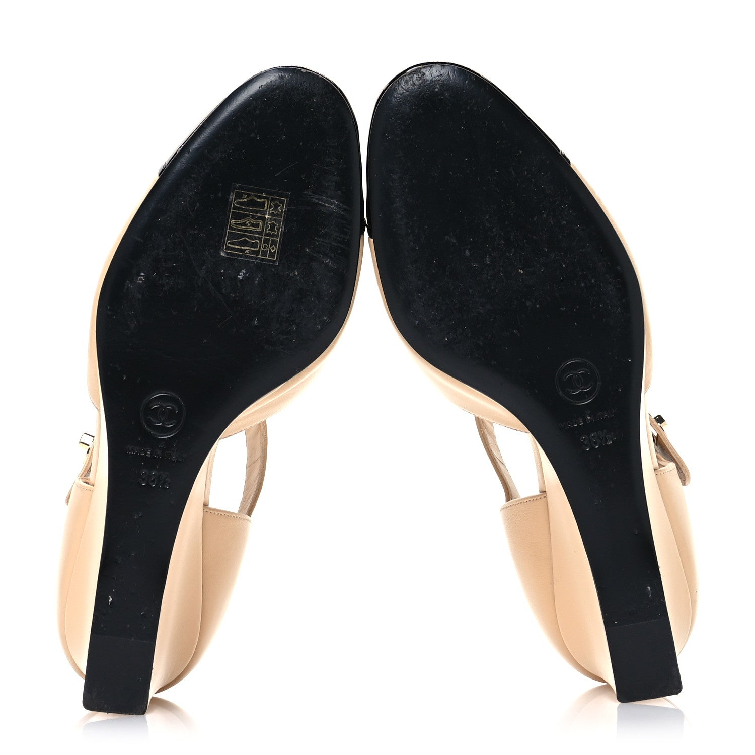 Chanel Lambskin Patent Cap Toe Mary Jane Wedge Pumps 38.5 Beige Black 6 of 9