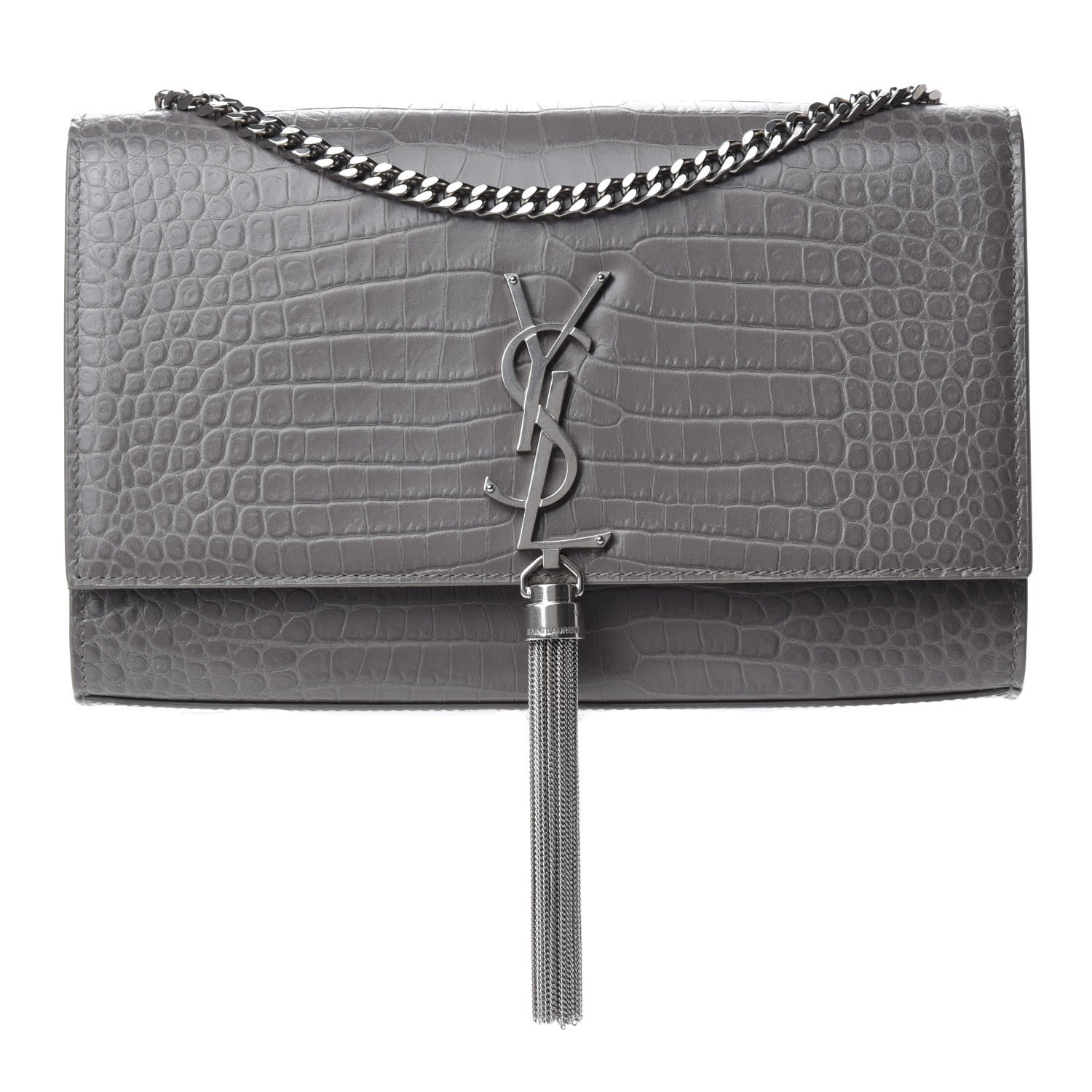 Saint Laurent Calfskin Crocodile Embossed Medium Classic Monogram Kate Tassel Satchel Earth Grey 1 of 10