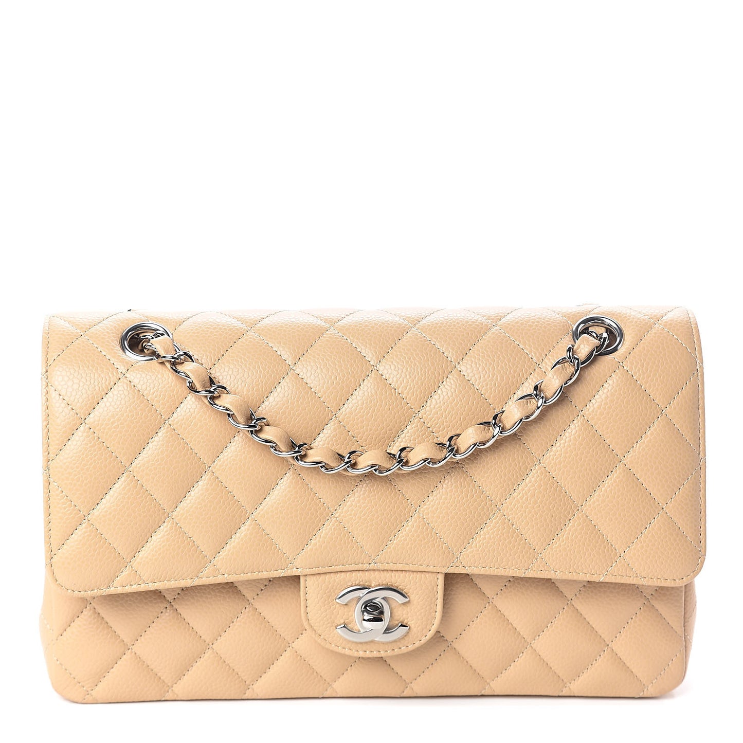 Caviar Quilted Medium Double Flap Beige