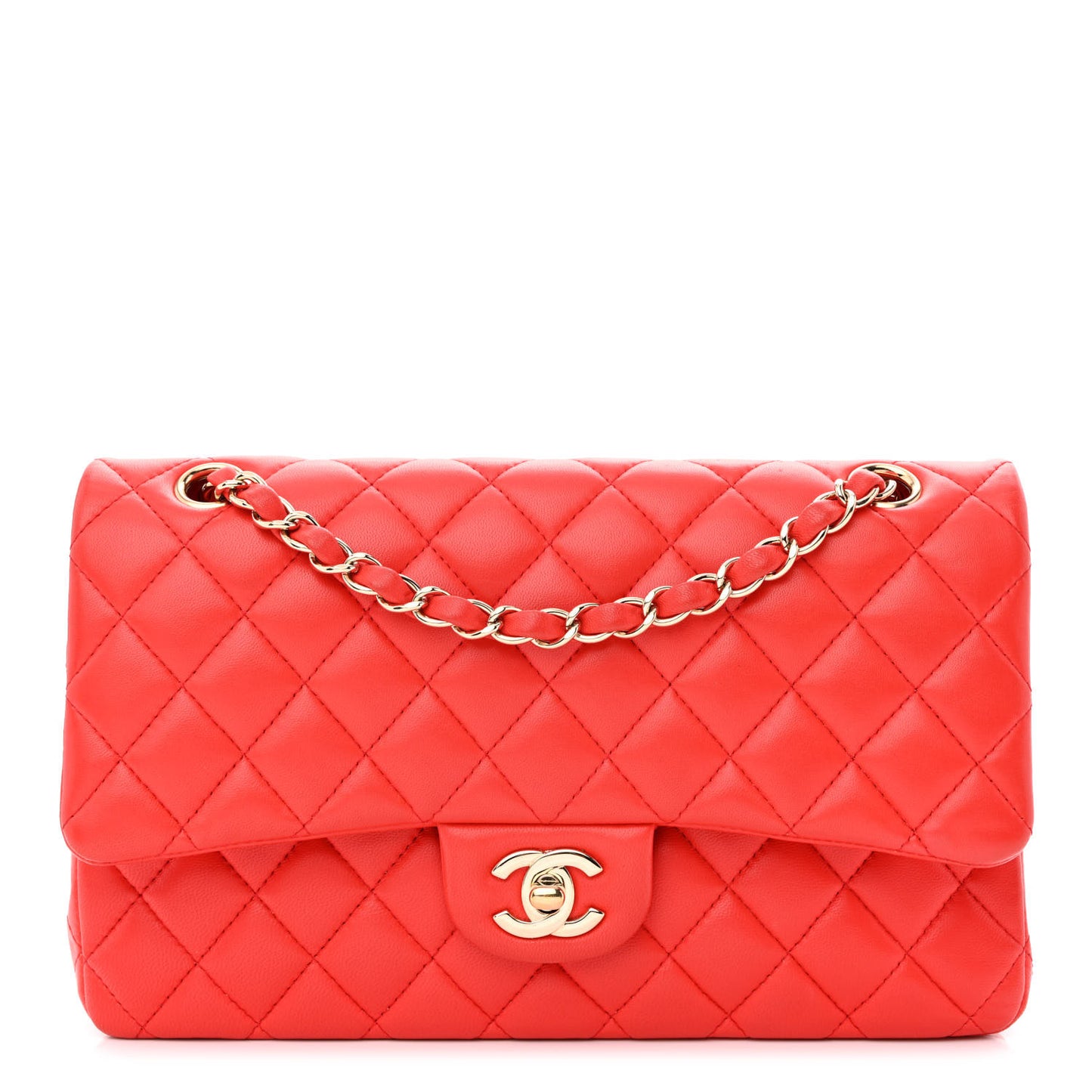 Lambskin Quilted Medium Double Flap Red