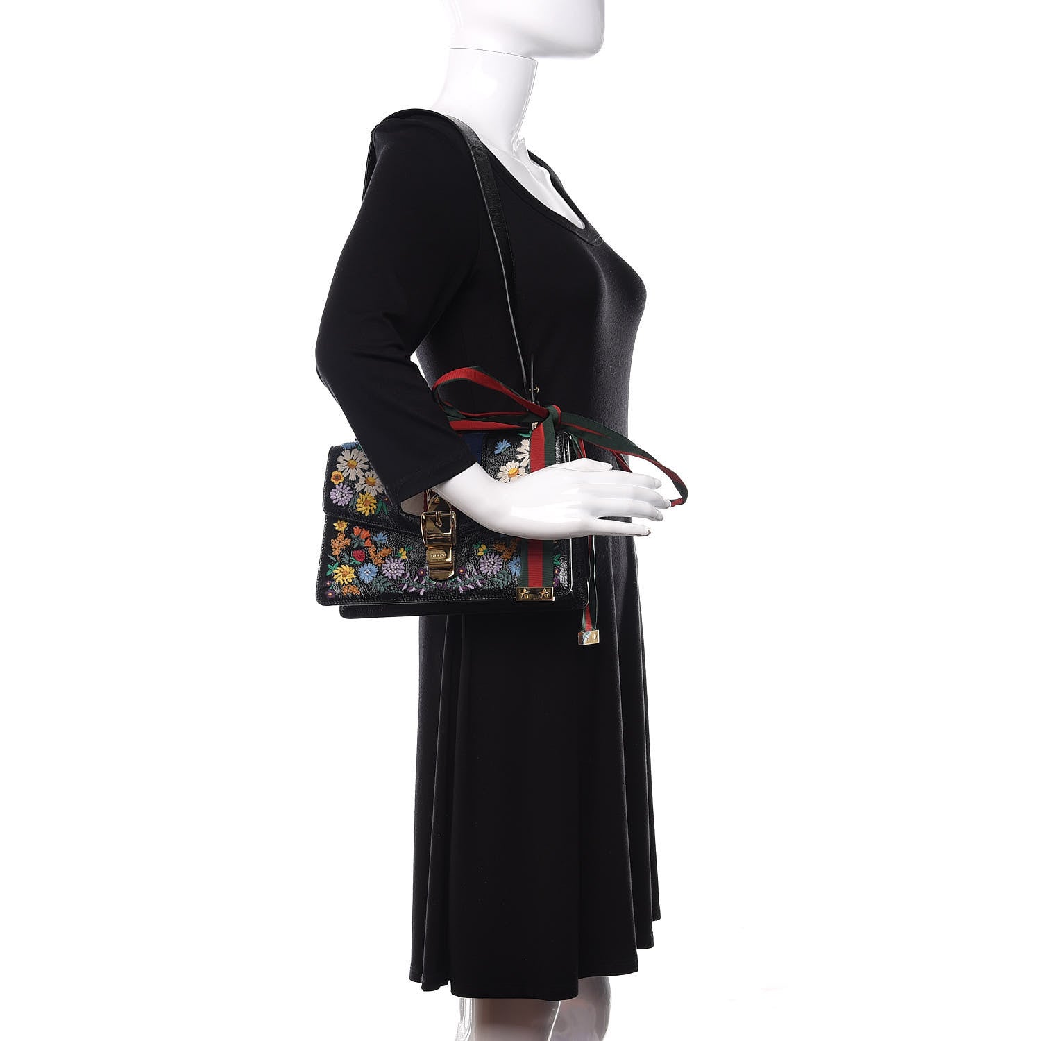 Gucci Calfskin Embroidered Small Sylvie Shoulder Bag Black 2 of 10