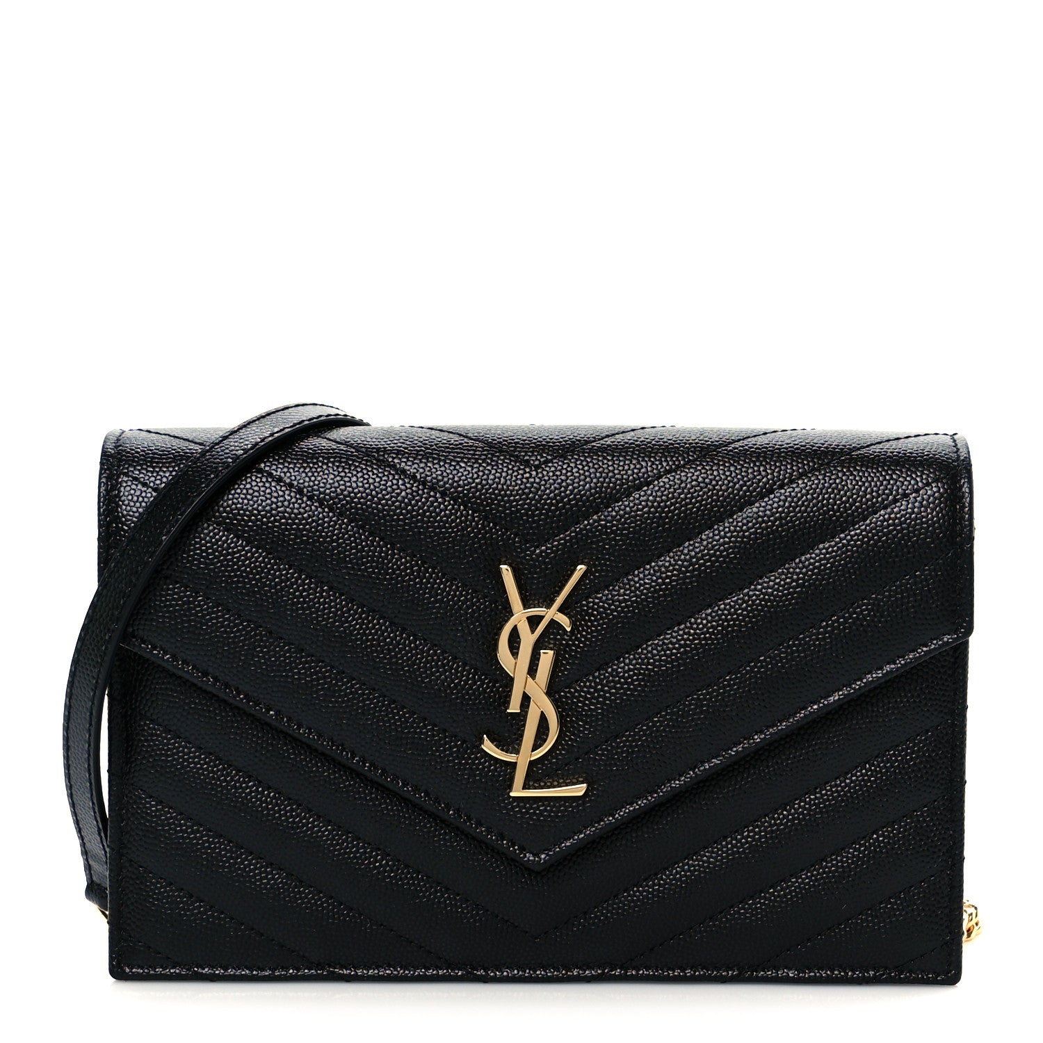 Saint Laurent Grain De Poudre Matelasse Chevron Monogram Envelope Chain Wallet Black 1 of 20