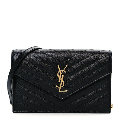 Saint Laurent Grain De Poudre Matelasse Chevron Monogram Envelope Chain Wallet Black 1 of 20