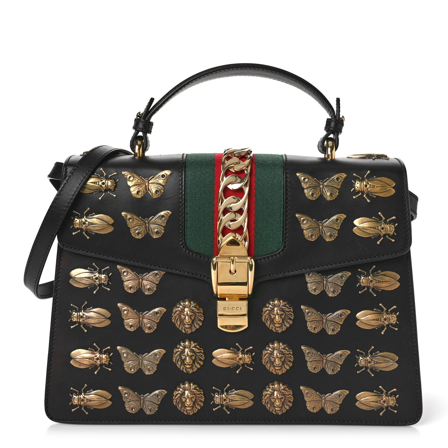 Gucci Calfskin Animal Studs Medium Sylvie Top Handle Bag Black 1 of 11