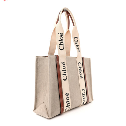 Chloe Linen Calfskin Medium Woody Ribbon Tote White Brown 3 of 13