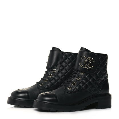 Chanel Shiny Goatskin Calfskin Quilted Lace Up Combat Boots 39.5 Black 3 of 10
