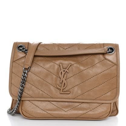 Saint Laurent Crinkled Calfskin Matelasse Monogram Medium Niki Chain Satchel Natural Tan 1 of 9