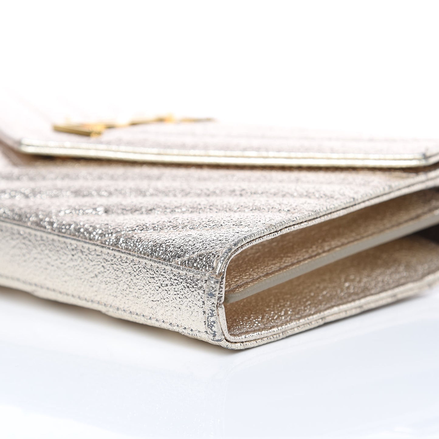 Metallic Crackled Calfskin Matelasse Chevron Monogram Chain Wallet Gold
