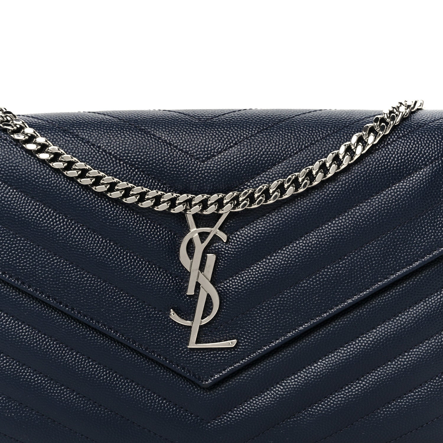 Saint Laurent Grain De Poudre Matelasse Chevron Monogram Chain Wallet Deep Marine 7 of 9