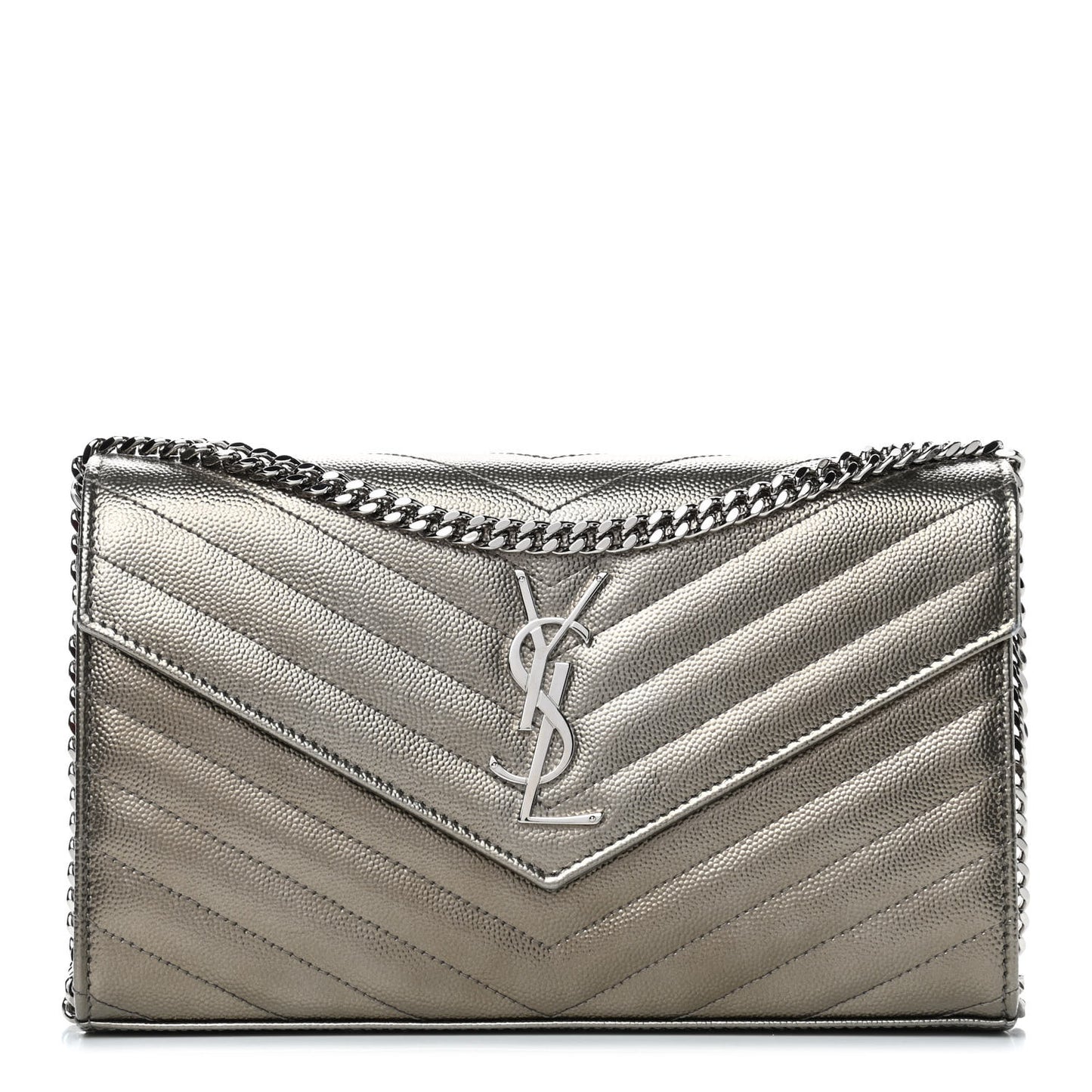 Metallic Grain De Poudre Matelasse Chevron Monogram Chain Wallet Piombo