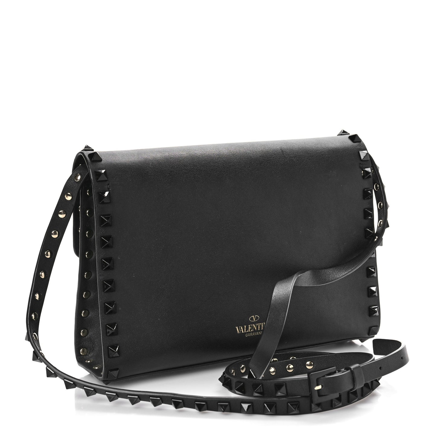 Vitello Monochrome Medium Rockstud Flip Lock Crossbody Bag Black