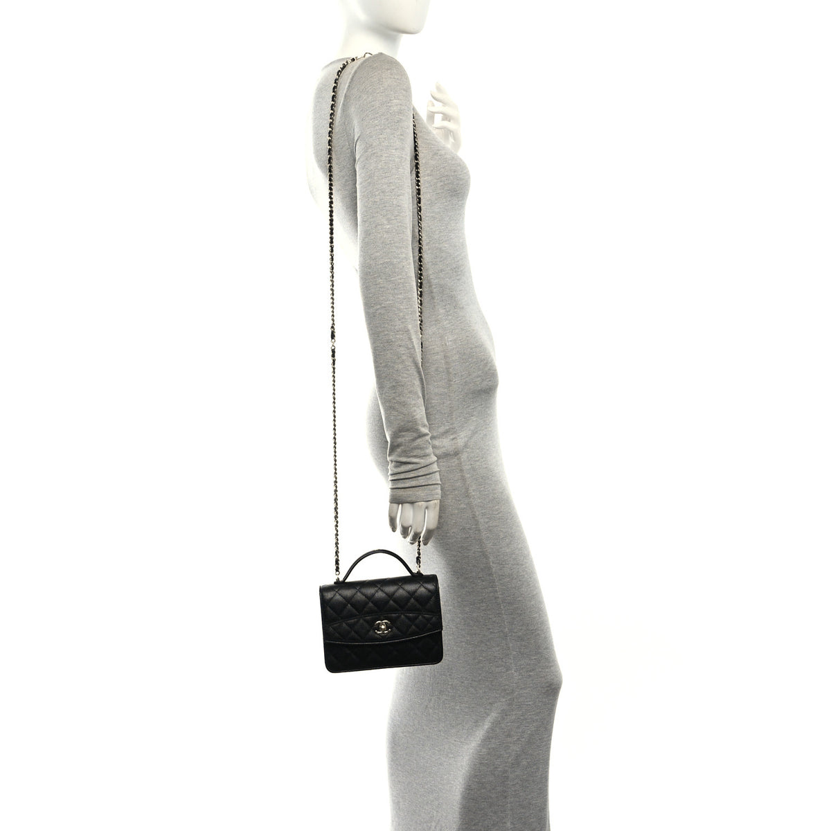 Caviar Quilted Trendy Handle Clutch With Chain Black