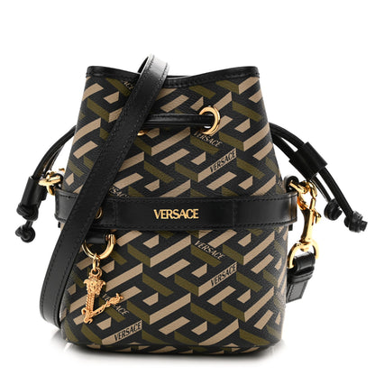 Versace Coated Canvas La Greca Mini Bucket Bag Black Green Beige 1 of 9