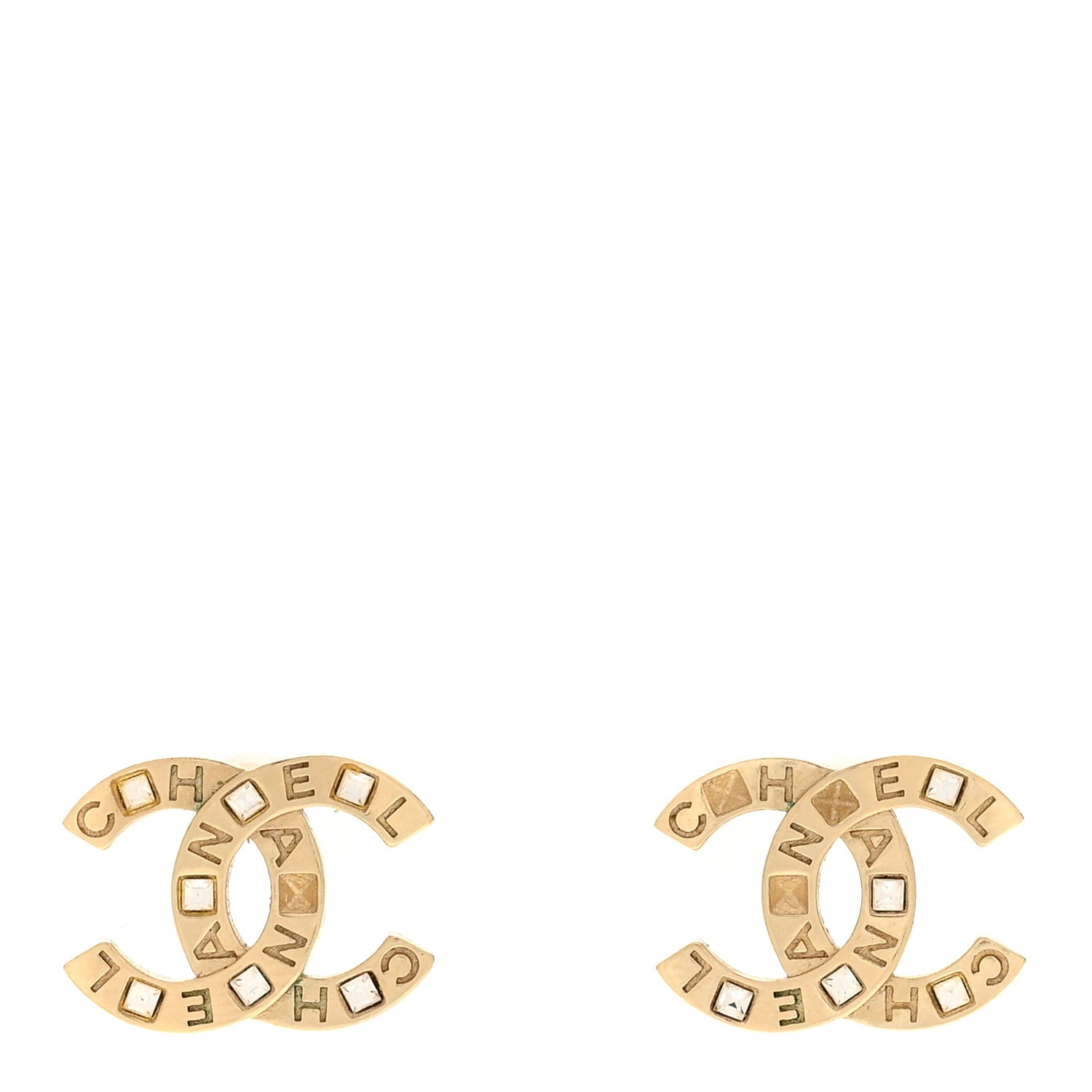 Chanel Crystal Metal CC Paris Button Stud Earrings Gold 1 of 4