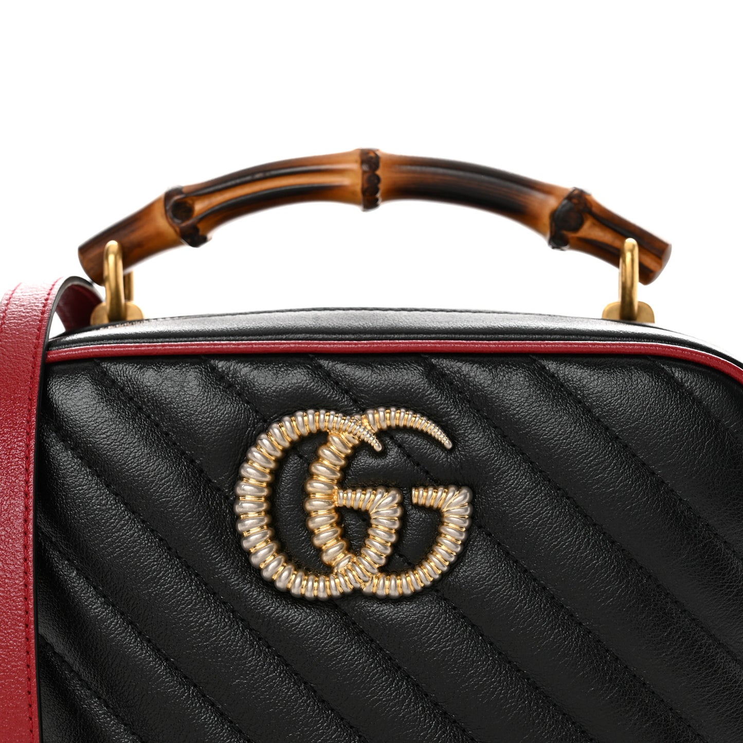 Vintage Effect Calfskin Matelasse Diagonal Small Torchon GG Marmont Bamboo Top Handle Shoulder Bag Black Romantic Cherry